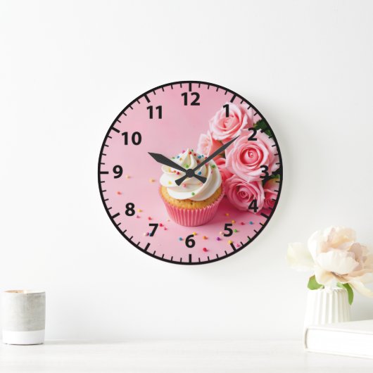 ベーカリーカップケーキピンクローズ焼いたグッズグルメ ラージ壁時計 (ホーム)