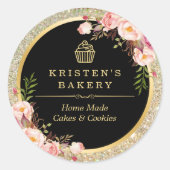 ベーカリーカップケーキロゴ |フローラ金ゴールドグリッター ラウンドシール (正面)