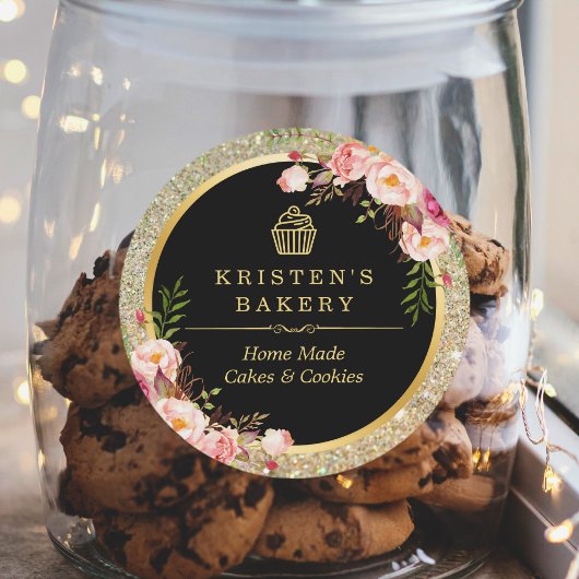 ベーカリーカップケーキロゴ |フローラ金ゴールドグリッター ラウンドシール
