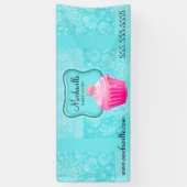 ベーカリーカップケーキヴィンテージダマスクアクアバナー 横断幕 (縦)