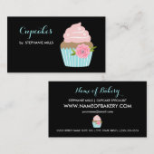 ベーカリーガーリー可愛いピンクの花付きブルーカップケーキ 名刺 (正面/裏面)