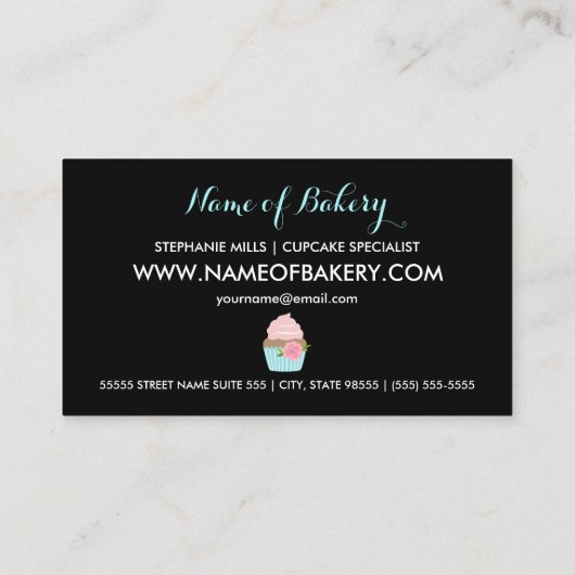 ベーカリーガーリー可愛いピンクの花付きブルーカップケーキ 名刺 (裏面)