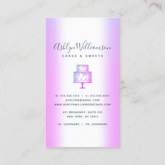 ベーカリーケーキパープルグリッタードリップペストリーシェフラグジュアリー 名刺 (裏面)