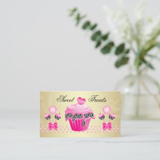 ベーカリーケーキポップカップケーキピンク金ゴールドゼブラ 名刺 (スタンド正面)