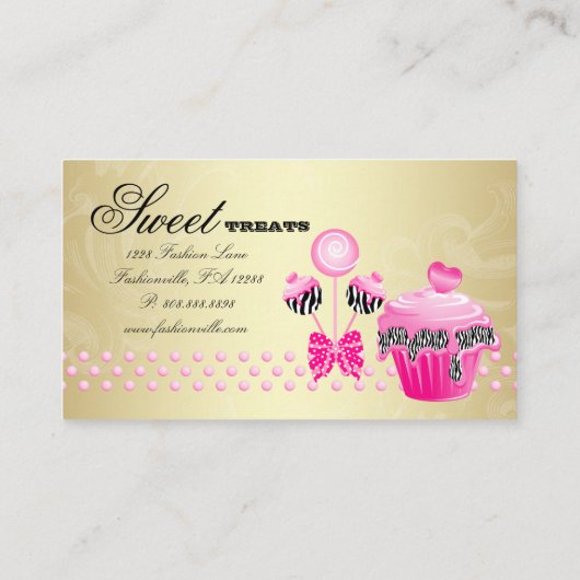 ベーカリーケーキポップカップケーキピンク金ゴールドゼブラ 名刺 (裏面)
