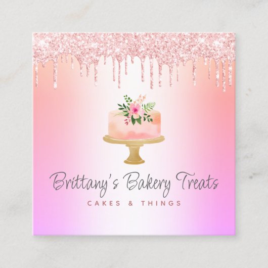 ベーカリーケーキ赤面ピンクグリッタードリップスレインボーグラデーション スクエア名刺 (正面)