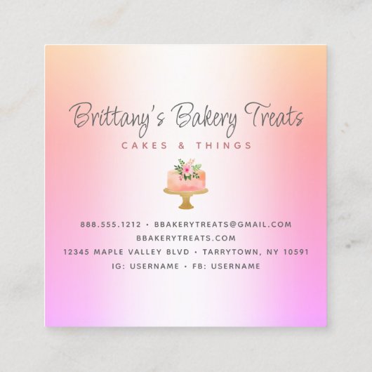 ベーカリーケーキ赤面ピンクグリッタードリップスレインボーグラデーション スクエア名刺 (裏面)