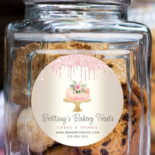 ベーカリーケーキ赤面ピンクグリッタードリップデザート金ゴールド ラウンドシール