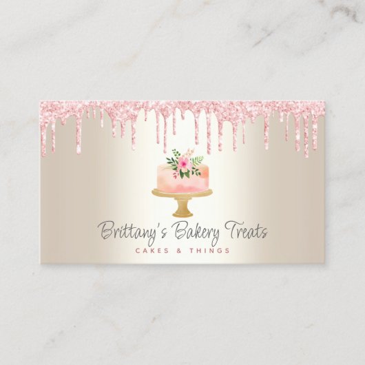 ベーカリーケーキ赤面ピンクグリッタードリップデザート金ゴールド 名刺 (正面)