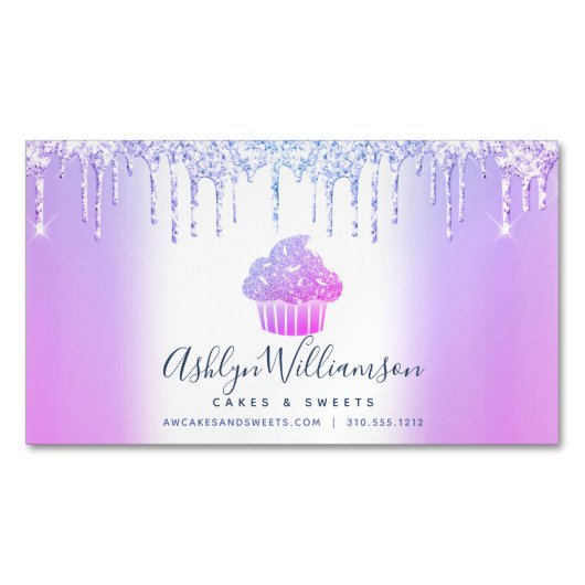 ベーカリーシェフカップケーキパープルブルーシックグリッタードリップ マグネット名刺 (正面)