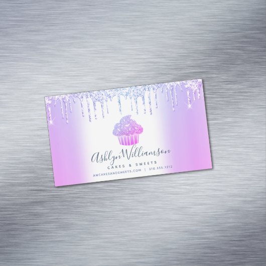ベーカリーシェフカップケーキパープルブルーシックグリッタードリップ マグネット名刺 (インサイチュ)