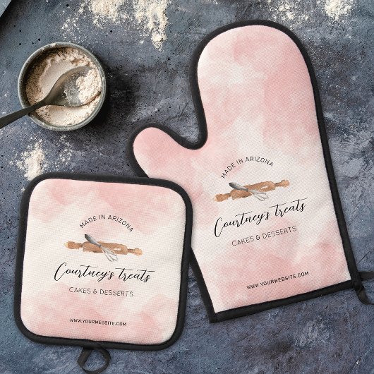 ベーカリーシェフロゴ可愛いピンクの水色ブランド 鍋つかみ&鍋敷きセット