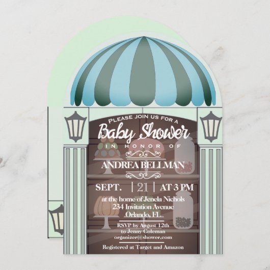 ベーカリーショップウィンドウ男の赤ちゃんシャワー招待状 招待状 (正面/裏面)