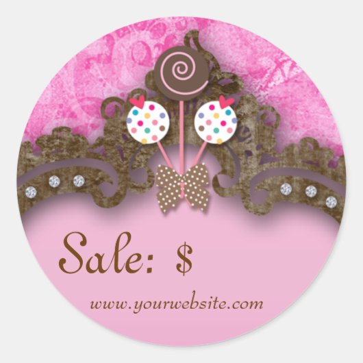 ベーカリーセール価格ラベルヴィンテージダマスクピンクケーキポップ・アートの ラウンドシール (正面)