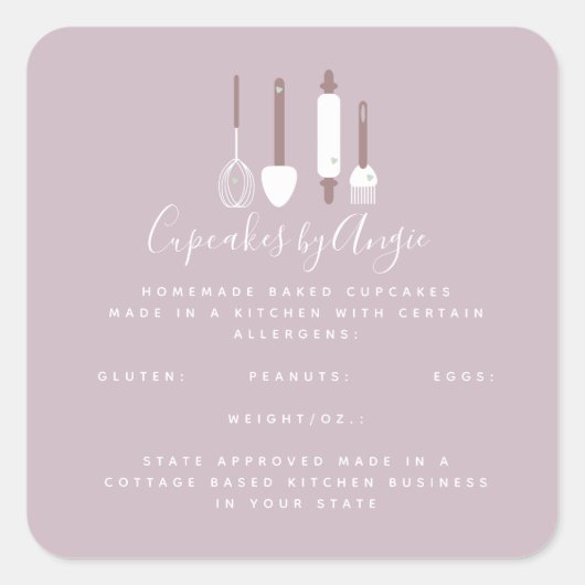 ベーカリーツールロゴフードビジネスピンク スクエアシール (正面)