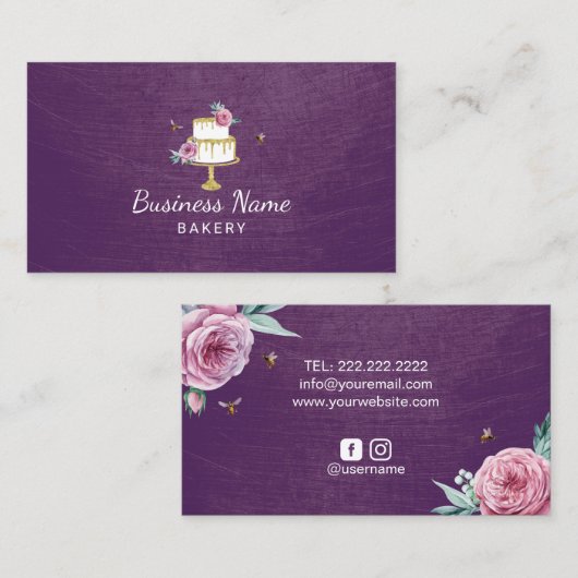 ベーカリーパティシエ素朴フフラワーバイズケーキパープル 名刺 (正面/裏面)