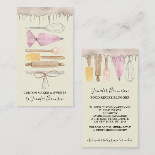 ベーカリーパティシシェフアイボリー水彩ケーキドリップ 名刺 (正面/裏面)