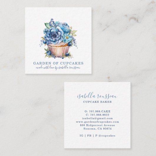 ベーカリーパティシシェフウォーターカラーカップケーキベイカー スクエア名刺 (正面/裏面)