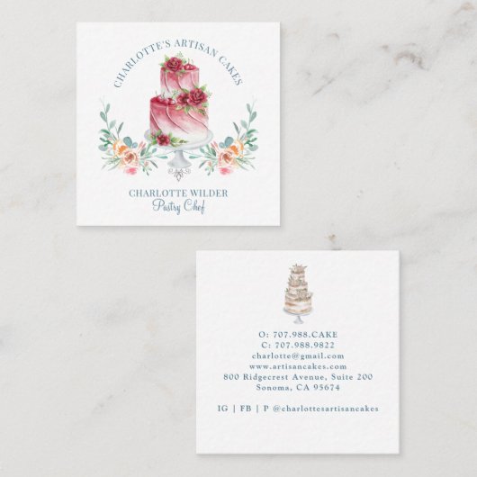 ベーカリーパティシシェフウォーターカラーケーキデザート スクエア名刺 (正面/裏面)