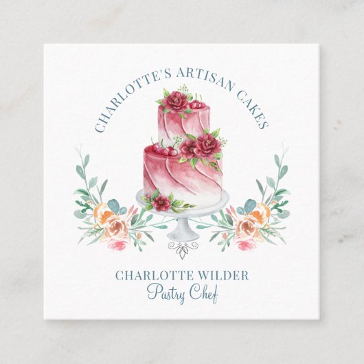 ベーカリーパティシシェフウォーターカラーケーキデザート スクエア名刺 (正面)
