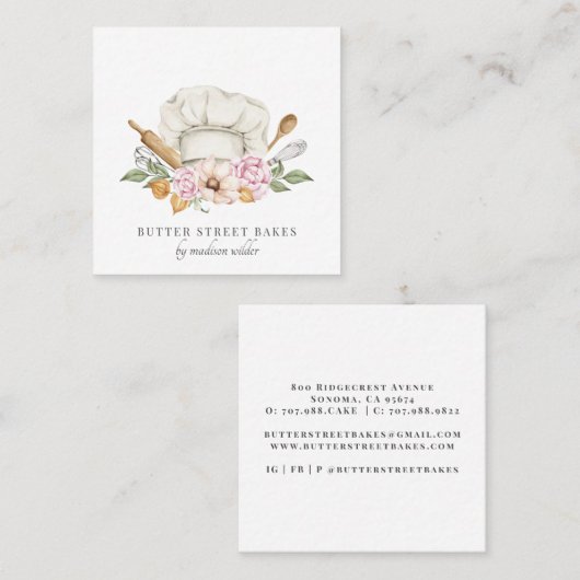 ベーカリーパティシシェフウォーターカラーシェフハットガスケース スクエア名刺 (正面/裏面)