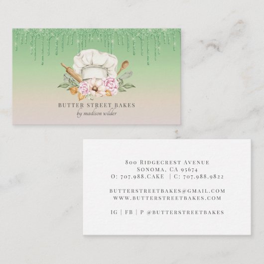 ベーカリーパティシシェフウォーターカラーシェフハットグリッターバス 名刺 (正面/裏面)