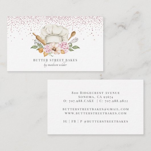 ベーカリーパティシシェフウォーターカラーシェフハットグリッター 名刺 (正面/裏面)