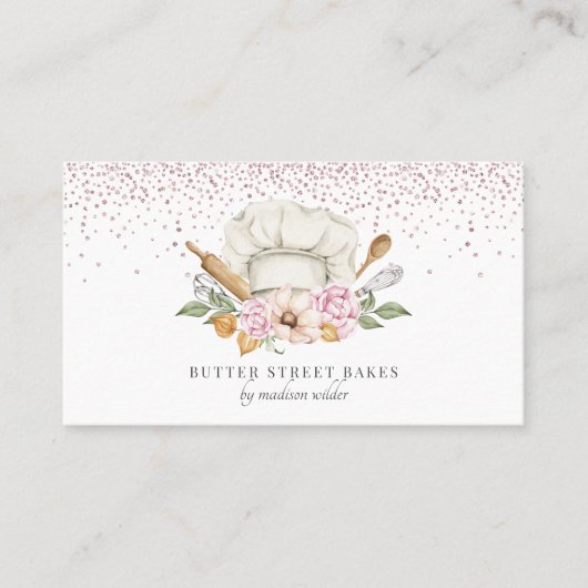 ベーカリーパティシシェフウォーターカラーシェフハットグリッター 名刺 (正面)