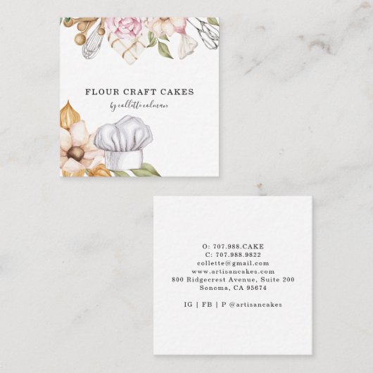 ベーカリーパティシシェフウォーターカラービジネスカード スクエア名刺 (正面/裏面)