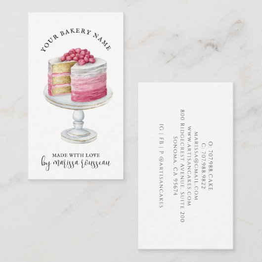 ベーカリーパティシシェフウォーターカラーピンクケーキデザート 名刺 (正面/裏面)