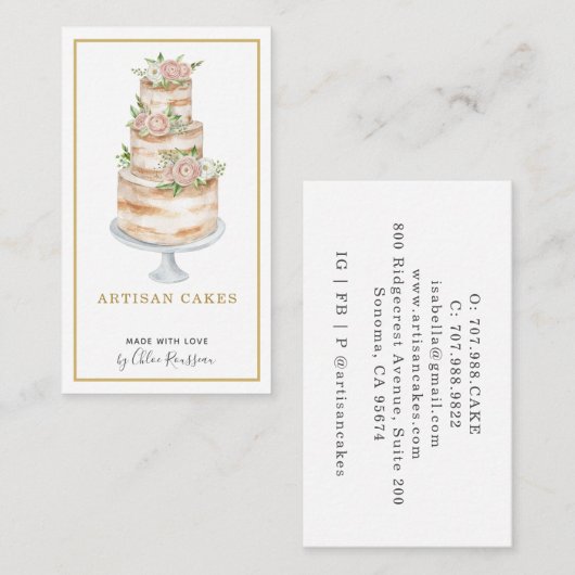 ベーカリーパティシシェフウォーターカラーピンクフローラケーキ 名刺 (正面/裏面)
