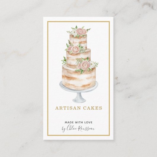 ベーカリーパティシシェフウォーターカラーピンクフローラケーキ 名刺 (正面)