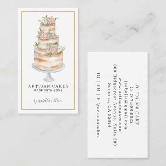 ベーカリーパティシシェフウォーターカラーピンクフローラケーキ 名刺 (正面/裏面)