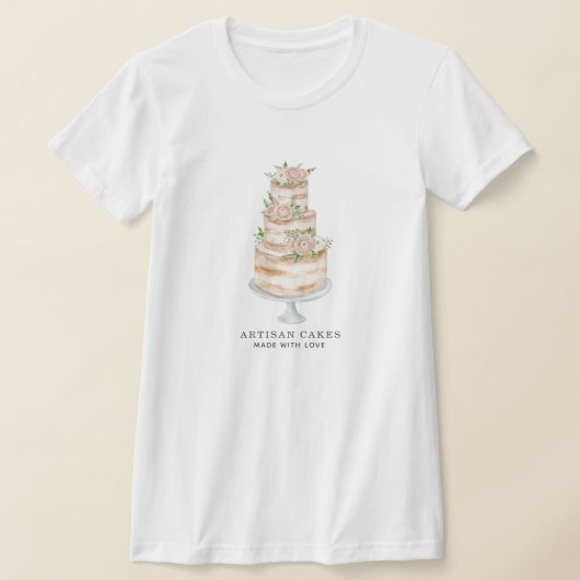 ベーカリーパティシシェフウォーターカラーピンクフローラケーキ Tシャツ (レイダウン)