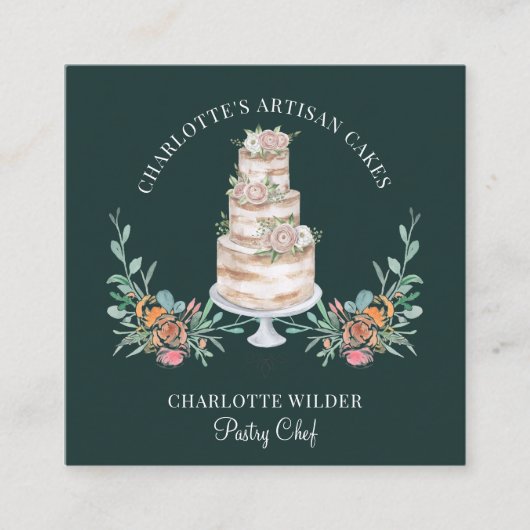 ベーカリーパティシシェフウォーターカラーフローラケーキブラック スクエア名刺 (正面)