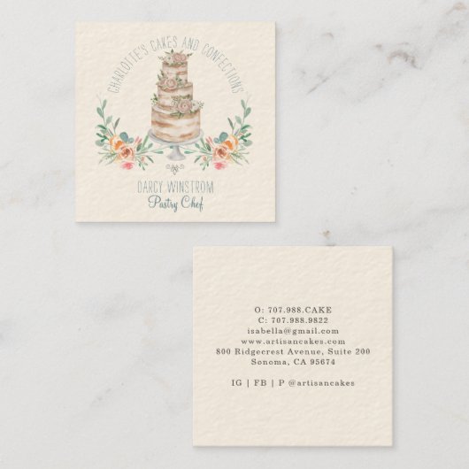 ベーカリーパティシシェフウォーターカラーフローラケーキ スクエア名刺 (正面/裏面)
