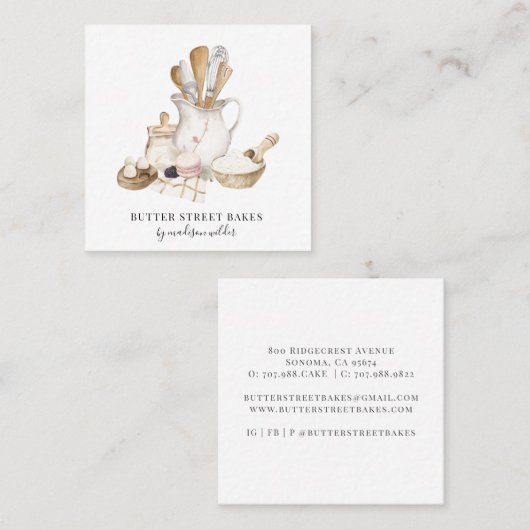 ベーカリーパティシシェフウォーターカラーベーカーズツール スクエア名刺 (正面/裏面)