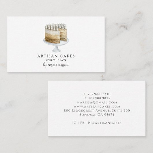 ベーカリーパティシシェフウォーターカラーベーキングピンクケーキ 名刺 (正面/裏面)