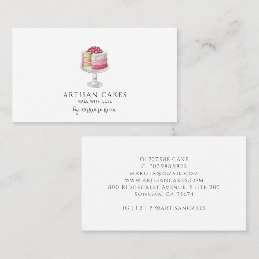 ベーカリーパティシシェフウォーターカラーベーキングピンクケーキ 名刺 (正面/裏面)