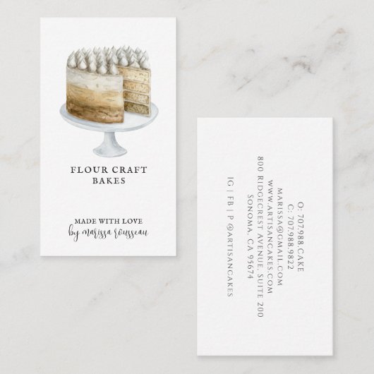 ベーカリーパティシシェフウォーターカラーホワイトケーキデザートB 名刺 (正面/裏面)