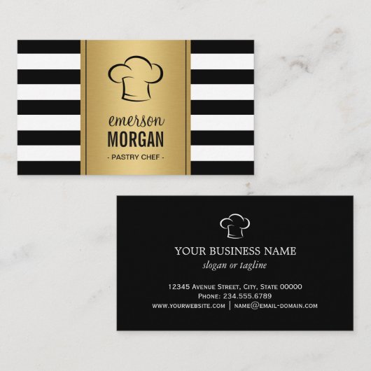 ベーカリーパティシシェフエレガント金ゴールド白黒ストライプ 名刺 (正面/裏面)