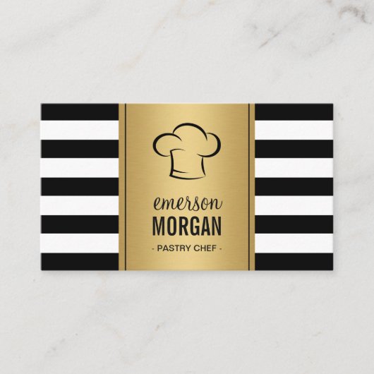 ベーカリーパティシシェフエレガント金ゴールド白黒ストライプ 名刺 (正面)