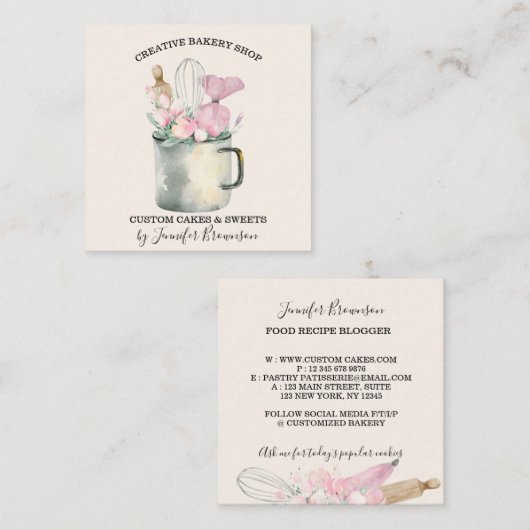 ベーカリーパティシシェフキュートアイボリー スクエア名刺 (正面/裏面)