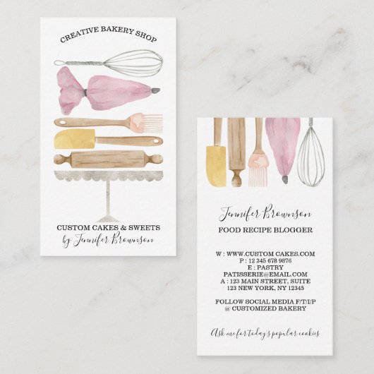 ベーカリーパティシシェフクリエイティブウォーターカラーケーキデコール 名刺 (正面/裏面)