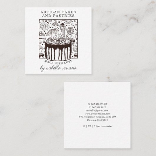 ベーカリーパティシシェフケーキとペストリー スクエア名刺 (正面/裏面)