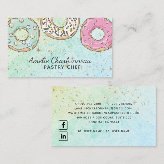 ベーカリーパティシシェフピンクターコイズ水彩 名刺 (正面/裏面)