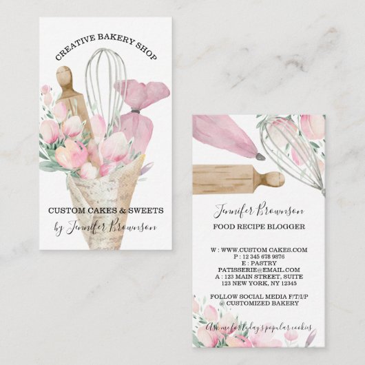 ベーカリーパティシシェフピンクフラワーズボホ 名刺 (正面/裏面)