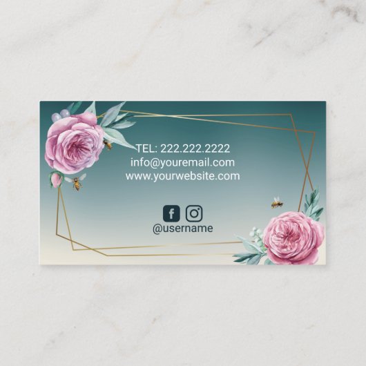 ベーカリーパティシシェフフラワー&ビーティール（緑がかった色）ケーキ 名刺 (裏面)