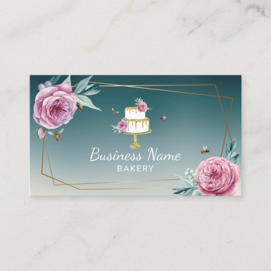 ベーカリーパティシシェフフラワー&ビーティール(緑がかった色)ケーキ 名刺 (正面)