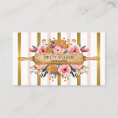 ベーカリーパティシシェフフローラピンクゴールドフォイルストライプズ 名刺 (正面)